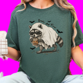Wholesale Spooky Raccoon Ghost Graphic Tee - Heather Forest
