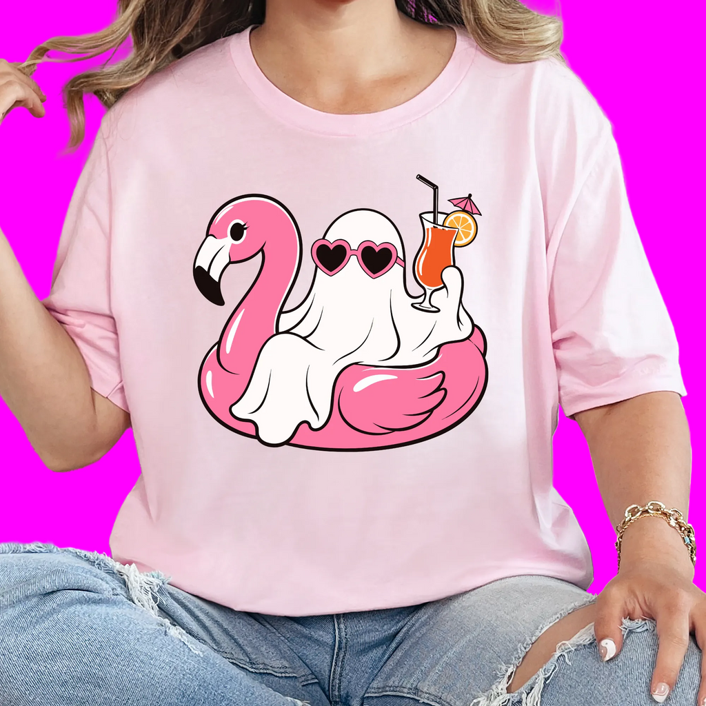 Wholesale Ghost with Pink Flamingo Graphic Tee - Soft Pink