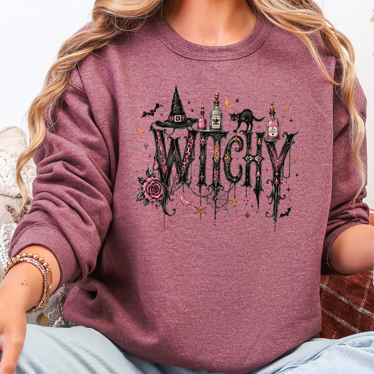 Wholesale Witchy Graphic Sweatshirt - Heather Maroon