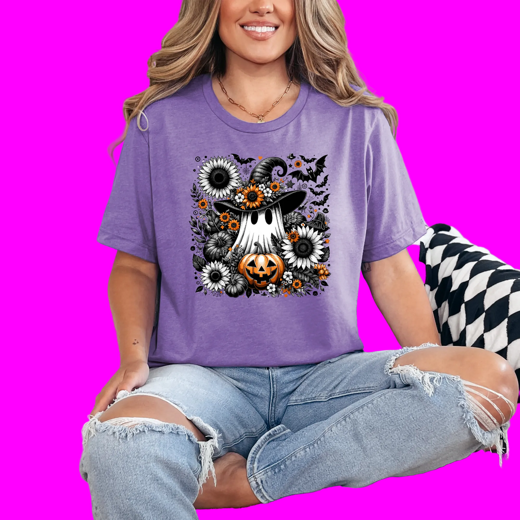 Wholesale Floral Ghost Pumpkin Graphic Tee - Heather Team Purple Tee