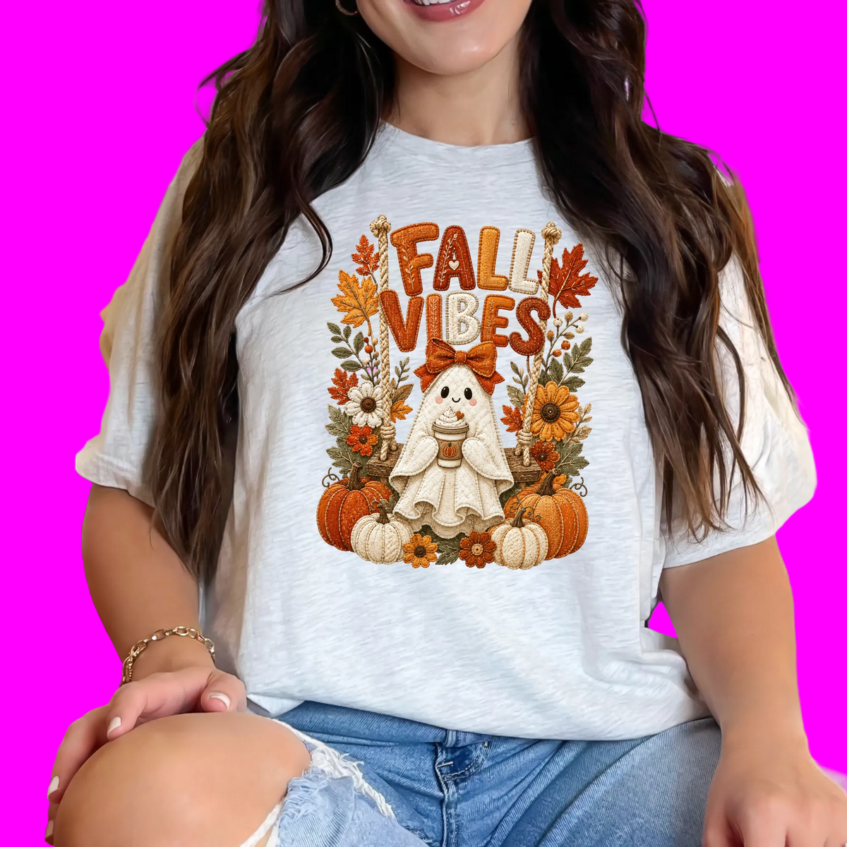 Wholesale Floral Ghost Autumn Patchwork Graphic Tee - Ash