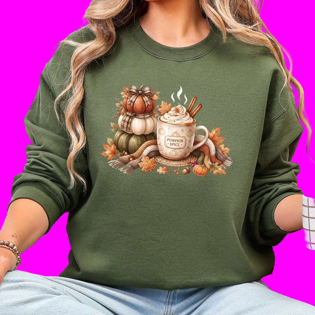 Wholesale Pumpkin Spice Fall Graphic Sweatshirt - Military Green