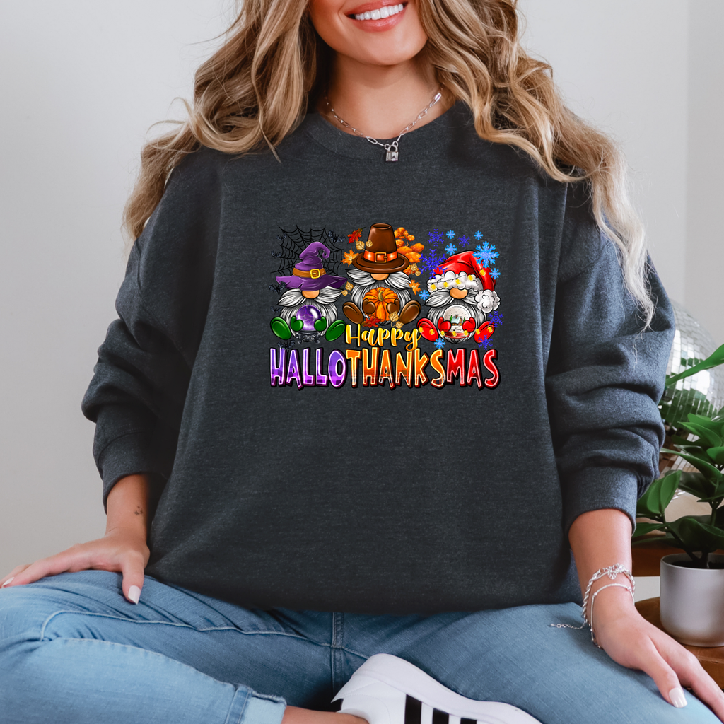 Wholesale Happy Hallothanksmas Gnomes Sweatshirt - Dark Heather Sweatshirt