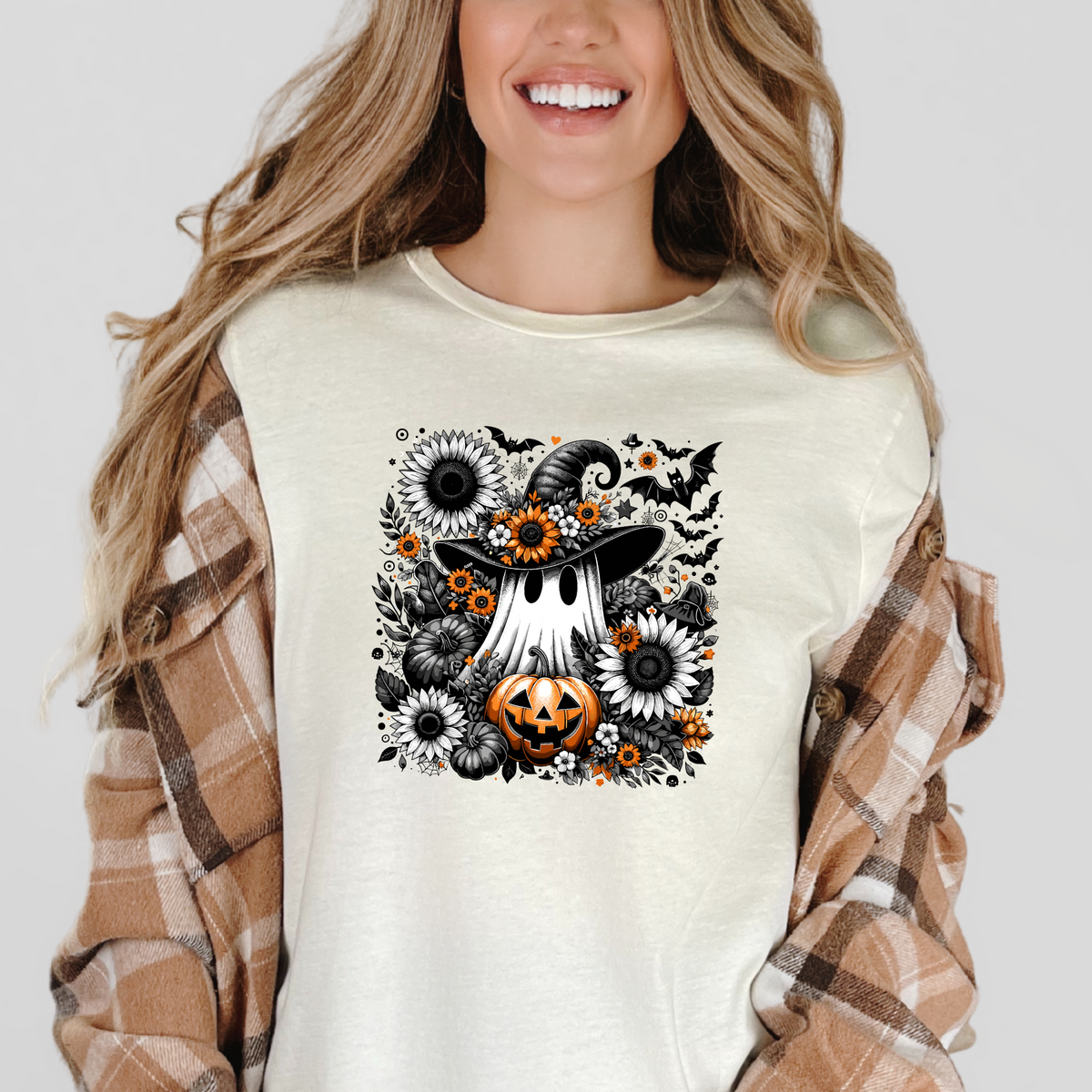 Wholesale Floral Ghost Pumpkin Graphic Tee - Natural Tee