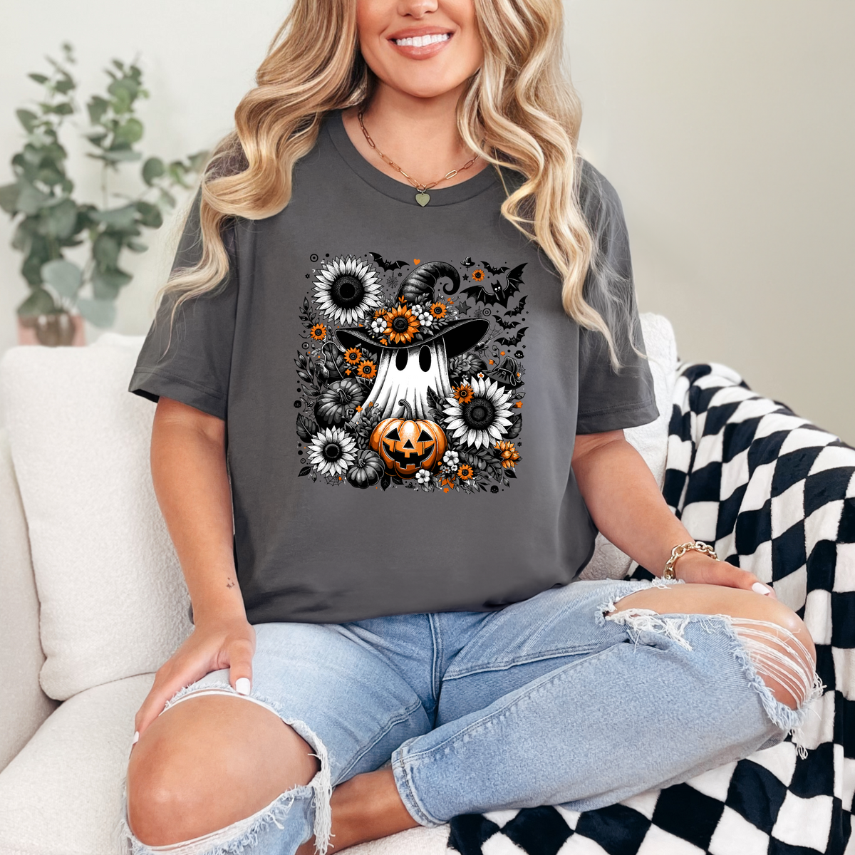 Wholesale Floral Ghost Pumpkin Graphic Tee - Asphalt Tee