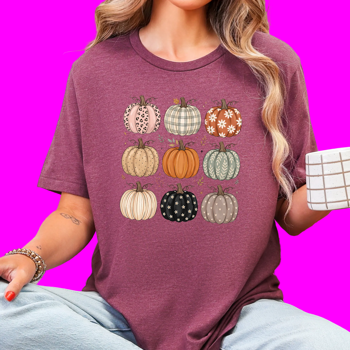 Wholesale Pumpkin Grid Graphic Tee- Heather Maroon