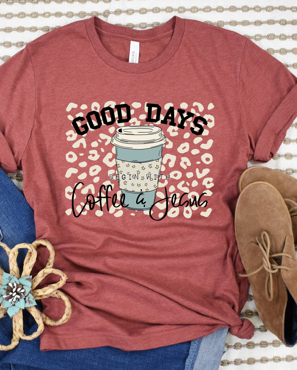 Wholesale Good Days Begin with Coffee & Jesus Graphic Tee - Clay Tee
