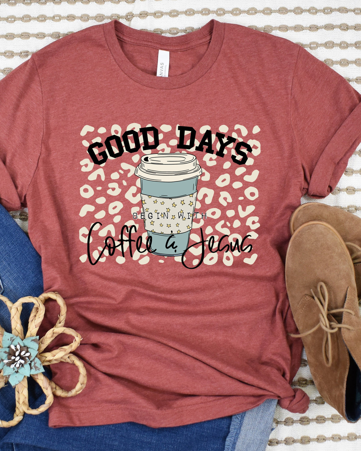 Wholesale Good Days Begin with Coffee & Jesus Graphic Tee - Clay Tee