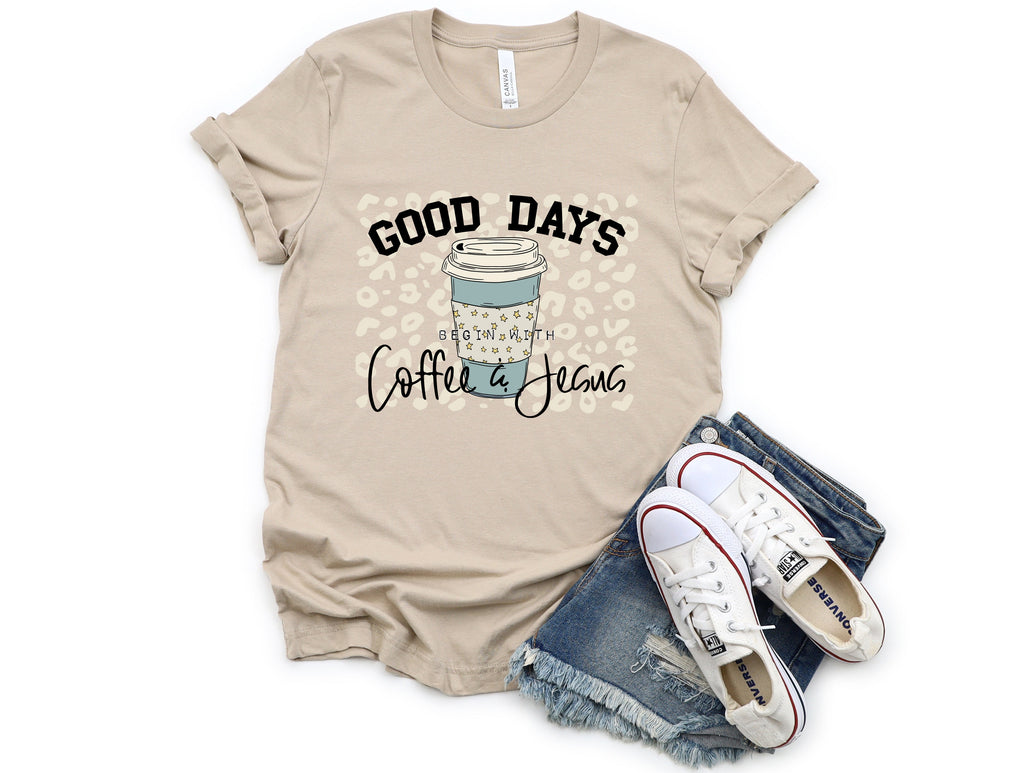 Wholesale Good Days Begin with Coffee & Jesus Graphic Tee - Tan Tee