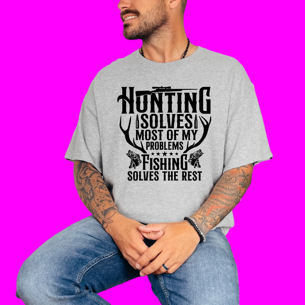 Wholesale Hunting most of my problems Graphic Tee - Grey Tee