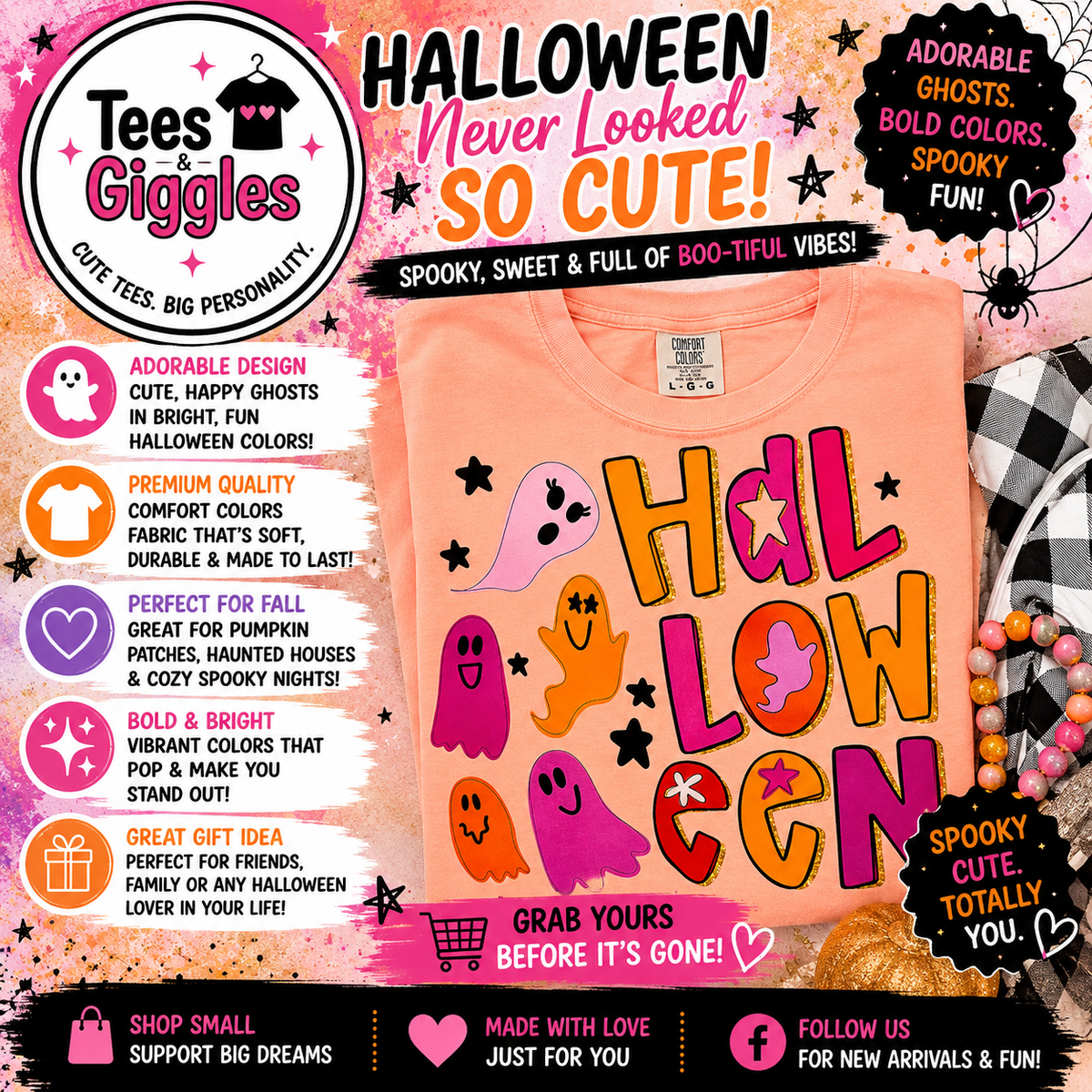 Ghost Doodles Halloween Pumpkin Comfort Colors Colorblast Graphic Tee