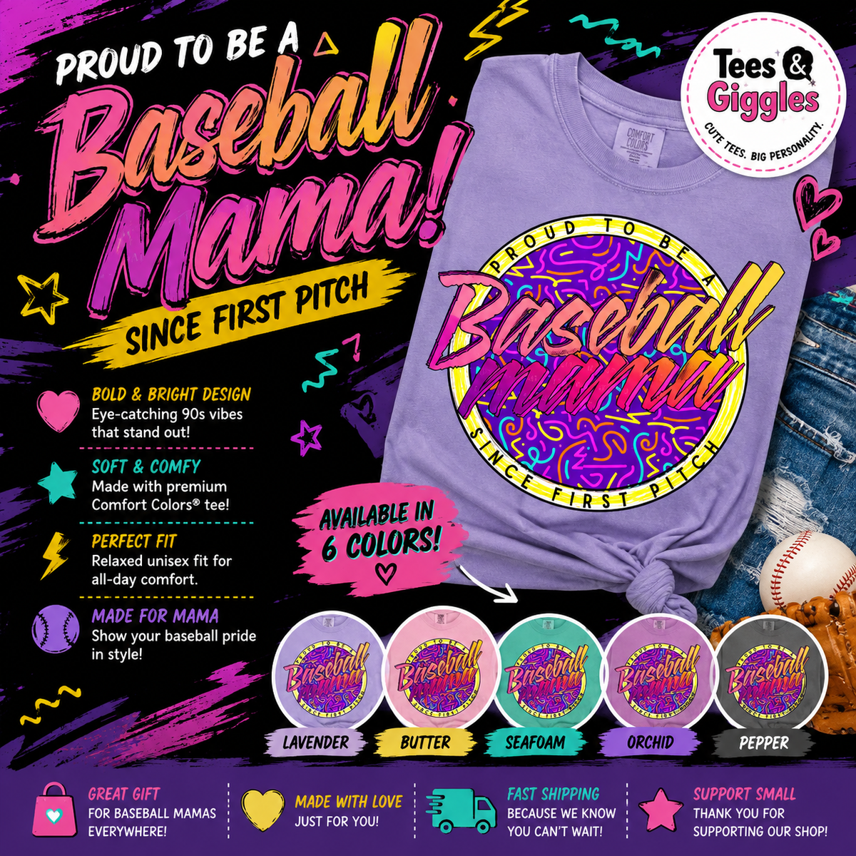 Violet Retro Baseball Mama Comfort Colors Graphic Tee