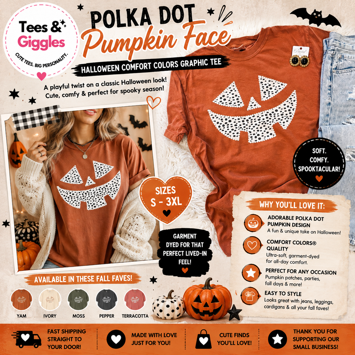 Polka Dot Pumpkin Face Halloween Comfort Colors Graphic Tee