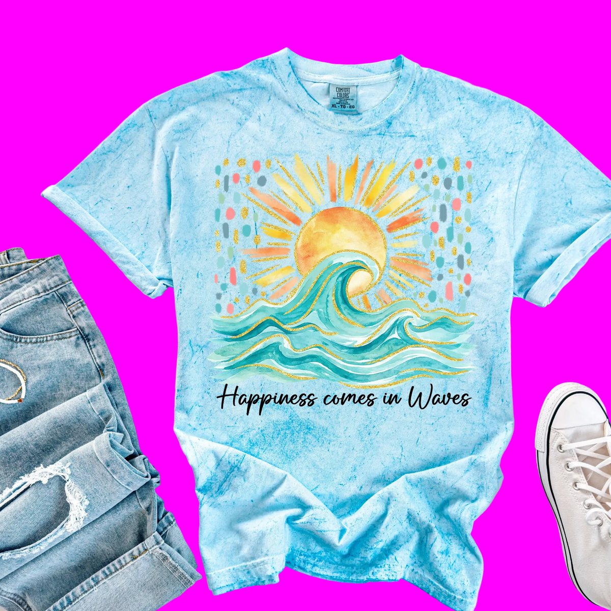 Happiness Comes in Waves Summer Comfort Colors Colorblast Graphic Tee