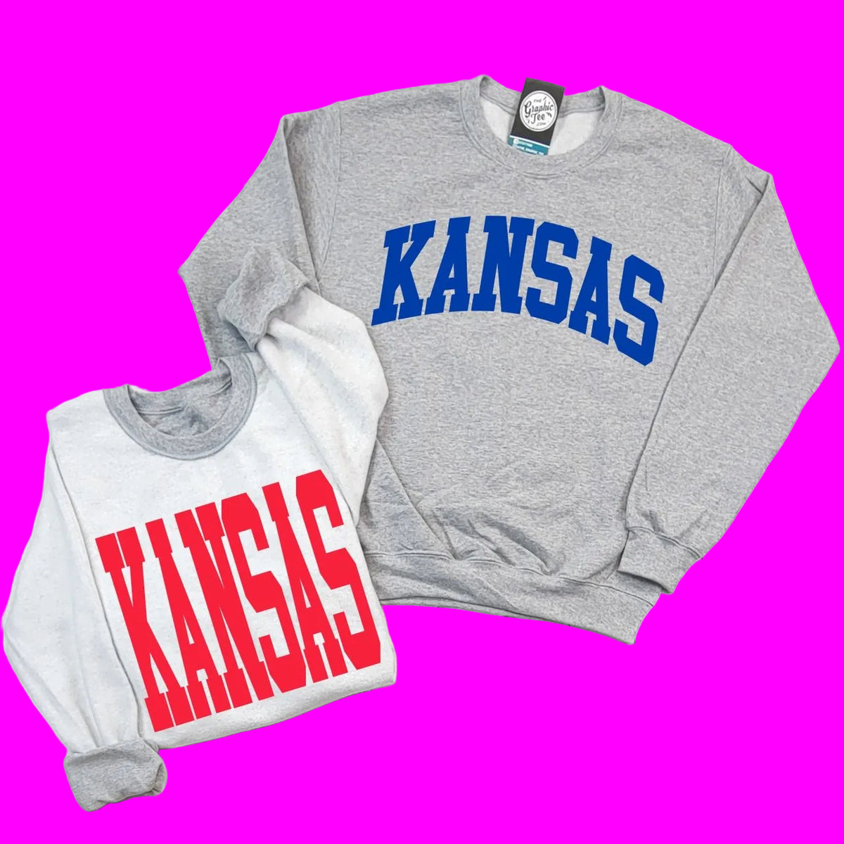 Kansas Blue and Red Print Reversible Sport Grey Crewneck Sweatshirt